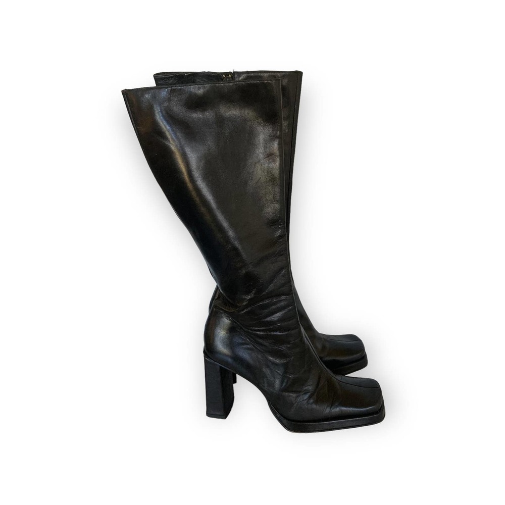 Vintage 90s Platform Tall Boots Square Toe Leather 10